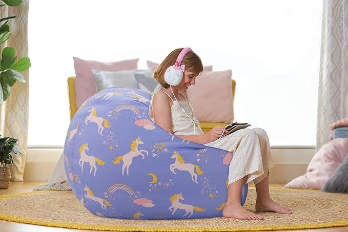 Aubliss Stuffed Animal Bean Bag Storage Chair (Light Blue Unicorn, X-Large (48''))