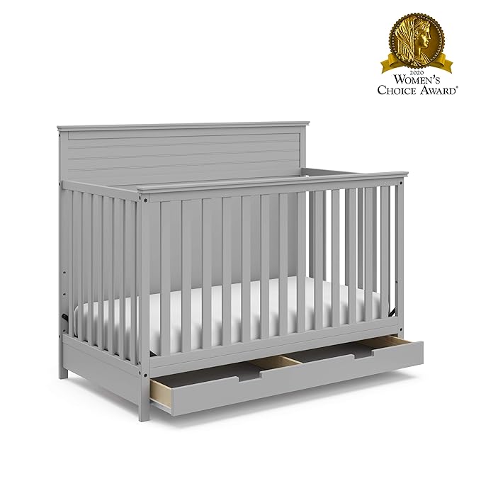 STORKCRAFT Homestead 5-in-1 Convertible Crib with Drawer (Pebble Gray) – GREENGUARD Gold Certified, Crib with Drawer Combo, includes Nursery Storage Drawer, Converts to Toddler Bed and Full-Size Bed