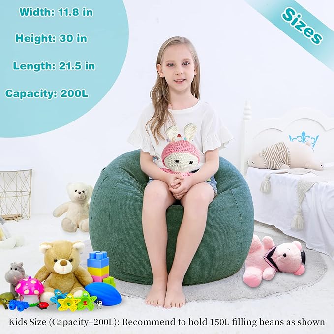 Stuffed Animal Storage Bean Bag Chair Cover (No Filler) for Kids and Adults.Soft Premium Corduroy Stuffable Beanbag for Organizing Children Plush Toys or Memory Foam Small 100L (Green)