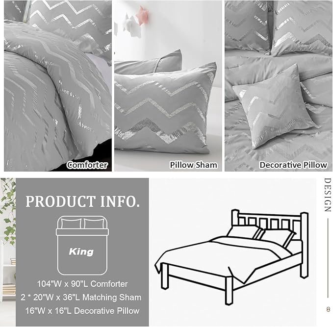 Grey and Silver Comforter Set King Size, Metallic Print Geometric Bedding Set, 4 Piece Lightweight Microfiber Comforter for Teen Girls Boys Women (2 Pillow Shams + 1 Decorative Pillow Sham)
