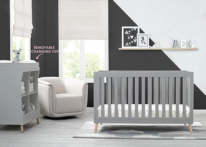 Delta Children Essex 4-in-1 Convertible Baby Crib, Grey with Natural Legs + Delta Children Twinkle Galaxy Dual Sided Recycled Fiber Core Crib and Toddler Mattress (Bundle)