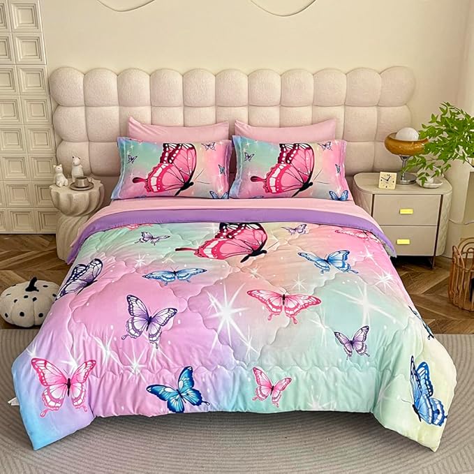 Girls Butterfly Comforter Set Bed in A Bag Full Size 7 Piece 3D Purple Bedding Comforter Bed Set with Pillow Shams, Flat Sheet, Fitted Sheet, Pillowcases All Season