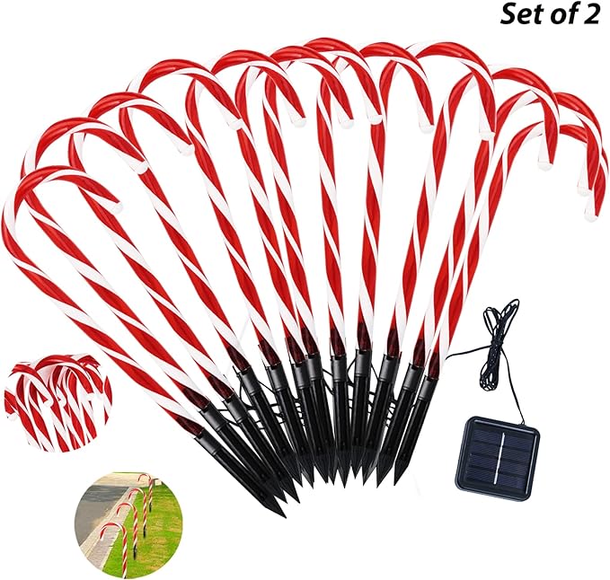 24-Pack Upgraded Solar Christmas Candy Cane Lights, Solar Pathway Lights Waterproof, Christmas Decorations Outdoor with 8 Modes for Party Patio Garden Lawn Yard Decor