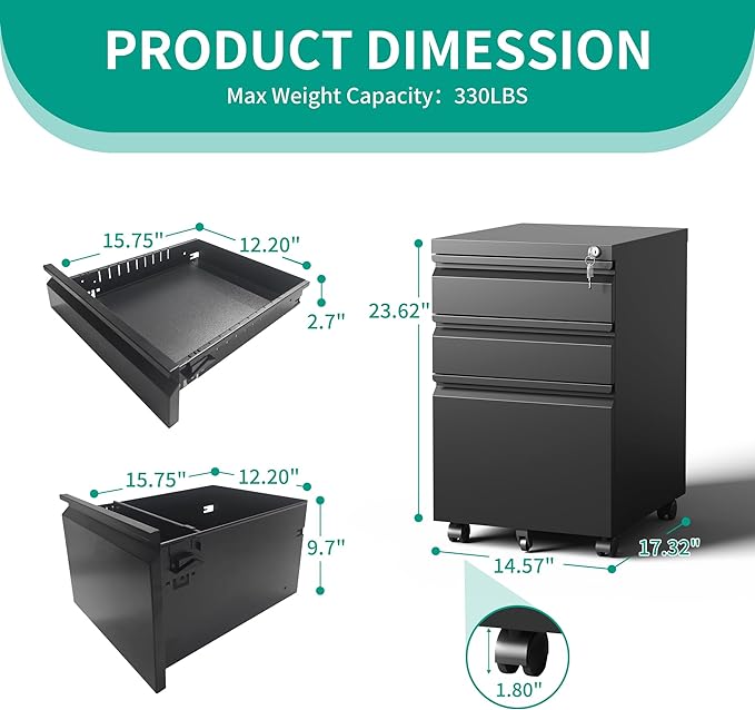 3 Drawer Mobile File Cabinet with Lock, Under Desk Metal Filing Cabinet, Fully Assembled Rolling File Cabinet with Wheels for Home Office Letters/Legal/A4 (Black)