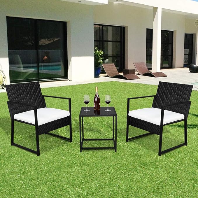 Outvita 3PCS Rattan Conversation Set, Outdoor Wicker Furniture Bistro Set 2 Chairs and Glass Top Table for Small Balcony Backyard Patio(Black)
