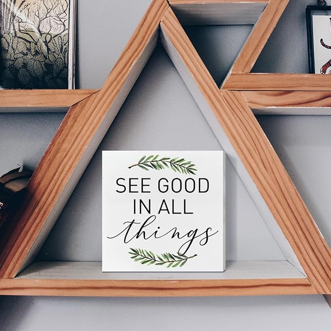 Home Office Desk Wooden Box Sign Decor, See Good in All Things, Inspirational Quotes Desk Decor Motivational Desk Decorations for Women Men Student Office Classroom School