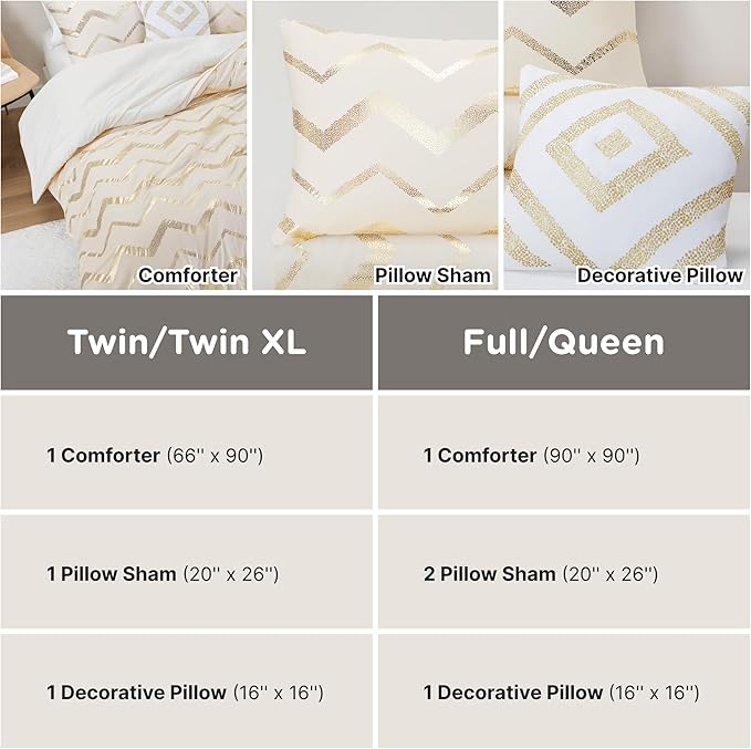 Codi Cream White and Gold Comforter Set for Full/Queen Size Bed, Cute Metallic Ivory Bed Sets, 4 Piece (2 Matching Shams + 1 Decorative Pillow)