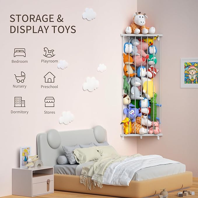 Stuffed Animal Storage Toy Organizer: Corner Stuff Animals Holder for Wall with Adjustable Length - Kids Plush Toys Storage for Nursery Playroom Bedroom Kids Room(Gray)