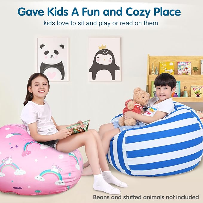 Lukeight Stuffed Animal Storage Bean Bag Chair Cover for Kids, Zipper Beanbag Chair Cover for Organizing Toddler & Kids' Rooms Plush Toys (Blue+White Velvet, Large)