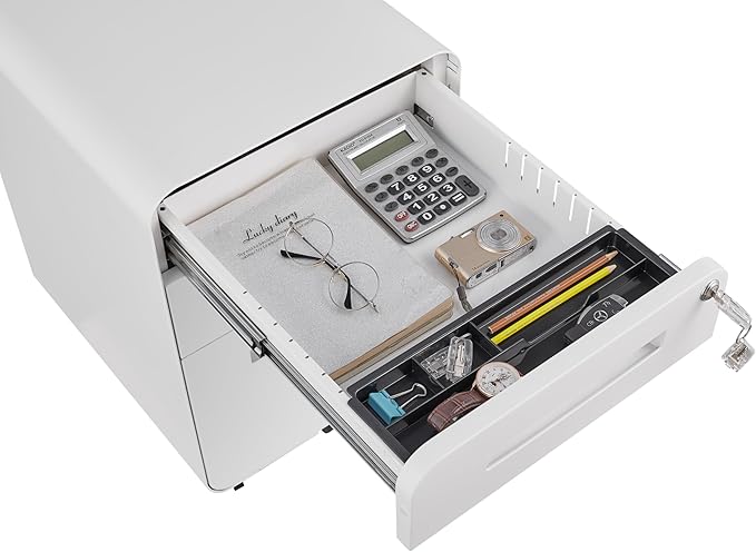 3 Drawer Mobile Desk Office with Lock and Wheels,Versatile Storage Cabinets w/Anti-Tilting Cold Rolled Steel Waterproof Moisture-Proof,for Legal/Letter/A4 Files,White