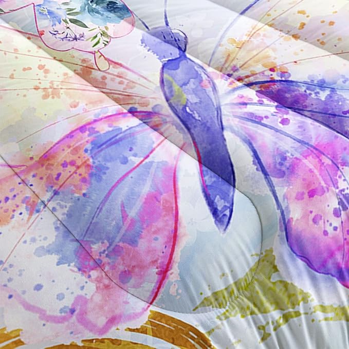 Datura home Watercolor Butterfly Comforter Bedding Set for Girls Kids Teens,Lightweight Colorful Floral Butterfly Printed Tie-dye with 2 Pillowcases(Watercolor Butterfly Full),Butterfly Purple