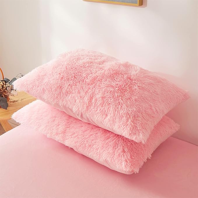 Fluffy Faux Fur Pink Comforter Cover Set Queen - Ultra Soft Plush Pink Bedding Sets 3 Pieces (1 fluffy duvet cover + 2 Faux Fur Pillow case) Cute Pink Bed Set (Light Pink, Queen)