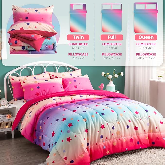 Twin/Twin XL Comforter Set for Girls Rainbow Bedding Set 2 Pieces with Multicolor Stars Pink Comforter Set Twin Size with Pillowcase for Kids, Teenagers