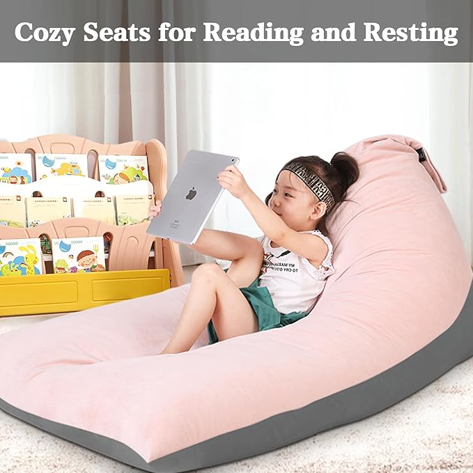 Stuffed Animal Storage Bean Bag Chair for Kids and Adults, Luxury Velvet Stuffed Animal Storage, Stuffie Seat - COVER ONLY(Pink & Dark Grey 200L/52 Gal)