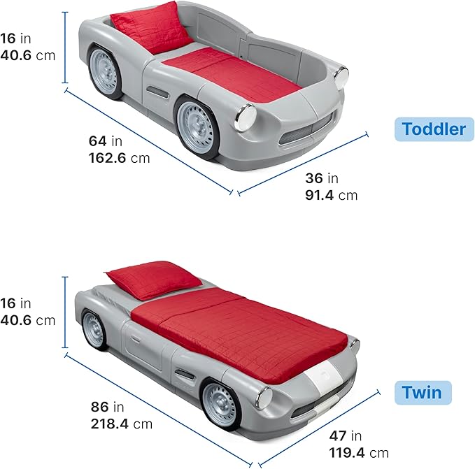Step2 Roadster Toddler-to-Twin Bed, Crib to Twin Transition Race Car Bed, Adjustable, Ages 3+ Years Old, Easy Assembly, Gray