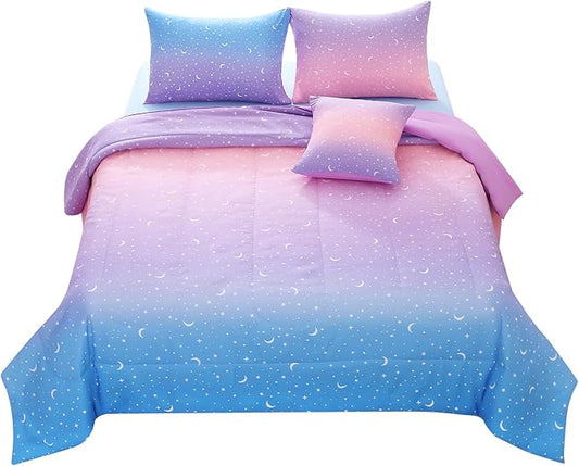 JQinHome Queen Girls Comforter Set,6 Piece Bed in A Bag 3D Purple Orange Glitter Bedding Set -All Season Microfiber Rainbow Bedding Sets for Girls Women