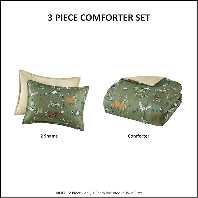 Mi Zone Kids Twin Comforter Set, Reversible Plush Kids Comforter Set, Cozy Plush Reverse Bedding, Winter Fluffy Comforter Bed Set, 1 Sham, Enchanting Forest Animals, Heath, Twin, Sage Green 2 Piece