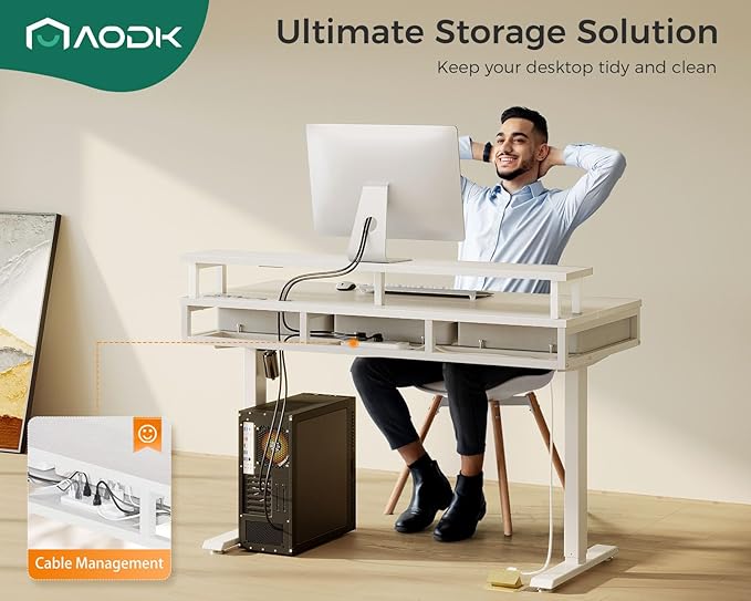 AODK 47 Inch Electric Standing Desk with 3 Drawers, White, Height Adjustable Desk with Power Outlets & LED Lights, Stand Up Desk with Monitor Shelf, Sit Stand Desk Computer Workstation