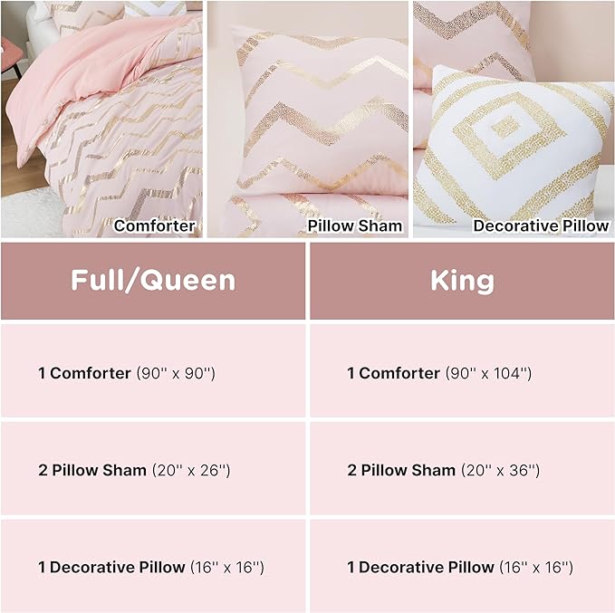 Codi Girl Bedding Sets, Queen/Full Size Comforter Set for Girls Teen/Kids, Pink/Rose Gold, 4 Piece (2 Matching Sham + 1 Decorative Pillow)