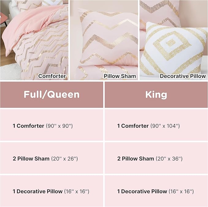 Codi King Size Bedding Sets Pink - Metallic Print Blush Comforter Set - 4 Piece includes 1 Rose Gold Comforter, 1 Decorative Pillow, 2 Pillow Cases - All Seasons Warm