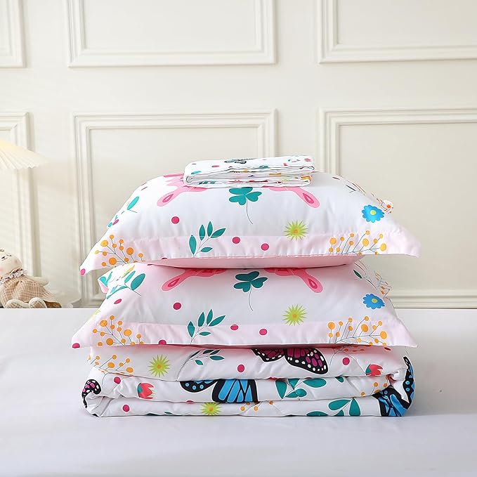 Girls Butterfly Comforter Set Queen Size 7 Piece Bed in A Bag Colorful Flowers Leaves Bedding Set for Kids Teens Super Soft All Season
