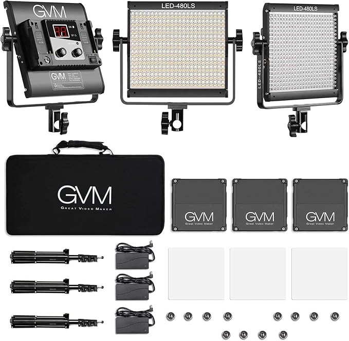 GVM 3 Pack LED Video Lighting Kits with APP Control, Bi-Color Variable 2300K~6800K with Digital Display Brightness of 10~100% for Video Photography, CRI97+ TLCI97 Led Video Light Panel +Barndoor