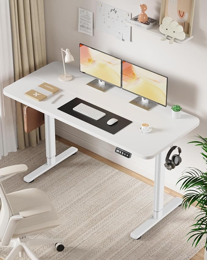Electric Standing Desk Adjustable Height Stand Up Desk, 55" x 24" Sit Stand Desk, Low Noise Home Office Desk, Computer Desk with Splice Board, Child Lock & Memory Function, White