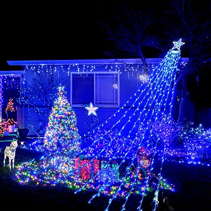 Aokudoni Christmas Lights Outdoor, 12.6FT 350 LED Blue Waterfall Lights Christmas Decorations, 8 Modes Christmas Lights for Tree, Outside Christmas Decorations for Yard Garden Patio Wall Porch