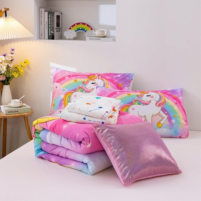 Aimuan Girls Unicorn Comforter Set 6 Pieces Pink Purple Bedding Set with Rainbow Star Galaxy Stars Fantasy Children Room Decor Soft Reversible Bed Sets for Boys/Girls/Teens (Rainbow Twin6Pcs)