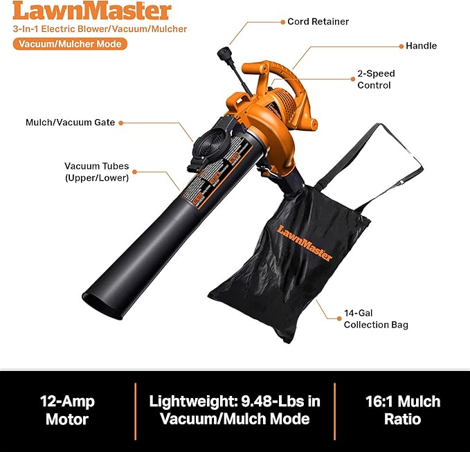 LawnMaster BV1210 Electric Blower Vacuum Mulcher 12 Amp 2-Speed Adjustment with Metal Impeller 240 MPH 380 CFM 16:1 Mulch Ratio