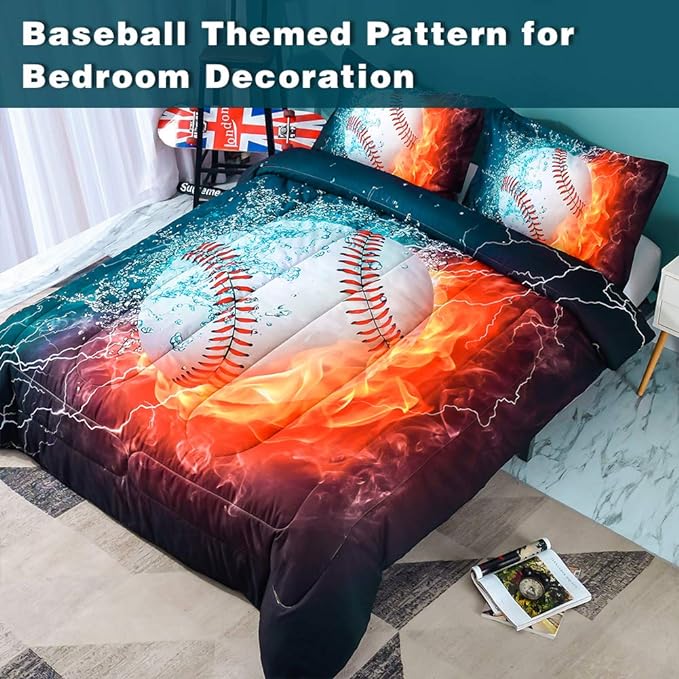 Andency 3D Baseball Comforter Twin(66x90 Inch), 2 Pieces(1 Baseball Comforter, 1 Pillowcase) Sport Microfiber Baseball Comforter Bedding Set for Boy Kids