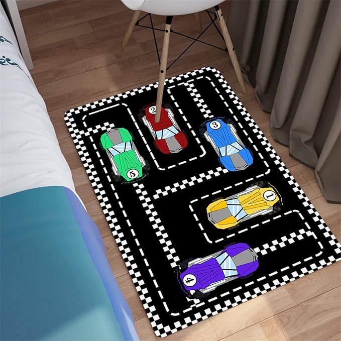 Car Rug Race Car Rug Car Track Rugs for Boys Race Track Carpet Race Car Track Rug Car Rug for Boys Room Car Rug Play Mat Car Carpet for Kids Rugs for Boys Bedroom,Black 2'×3'
