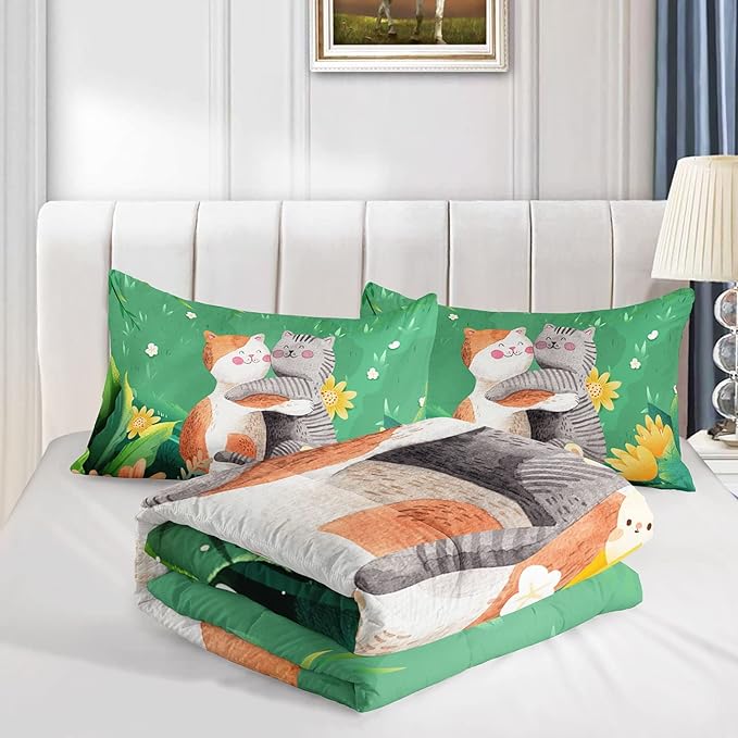 Datura home Cute Cat Kids Comforter Bedding Set for Boys Girls, Watercolor Cat Forest Rabbit and Flower Print Comforter with 2 Pillowcases(Cute Cat Queen)