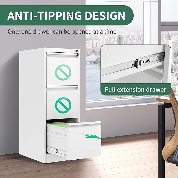 3 Drawer File Cabinet with Lock, Metal Vertical Filing Cabinets for Home Office, Steel Storage Cabinet for Hanging Legal/Letter Size Files, Assembly Required (White)