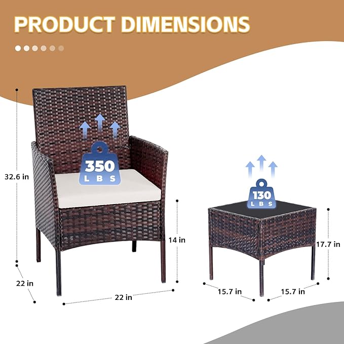 Patio Furniture Set 3 Pieces All-Weather Rattan Outdoor Furniture Patio Chairs with Tempered Glass Table for Porch Bistro Balcony Bistro Set(Brown/White)