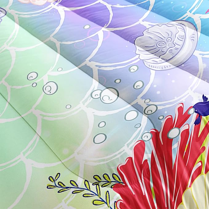 CVHOUSE Mermaid Comforter Set,Ocean Sea Mermaid Bedding Set for Girls Kids Teens,Mermaid Comforter Butterflies Duvet Set Room Decor Quilt Set Twin Size