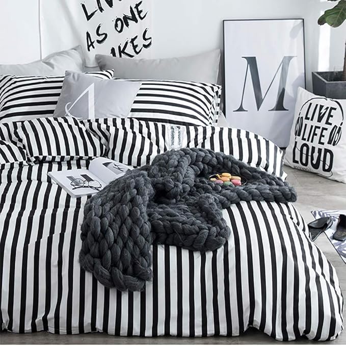 White and Black Stripes Comforter Set Cal King Women Bedding Set Soft Durable White Striated Bedding Set Black Stripes Cal King Quilts Hotel Quality Comforter Girls White Black Stripes Bed Set