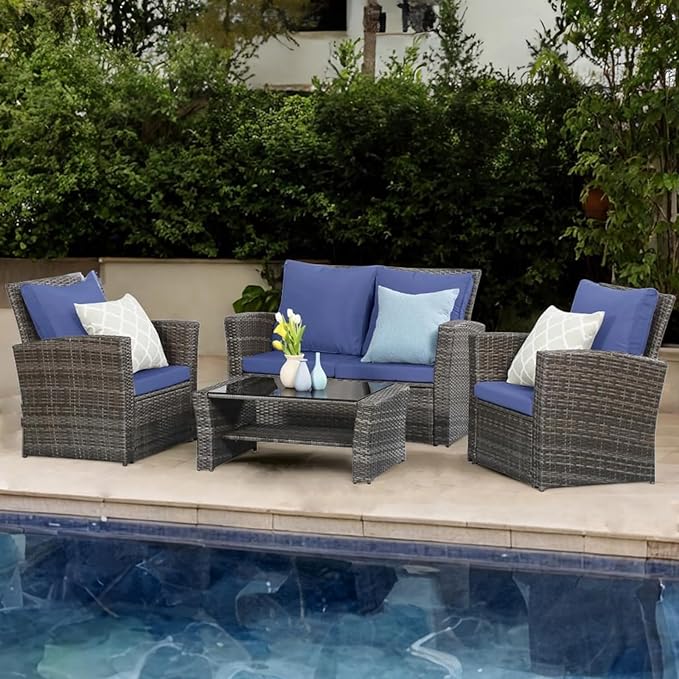 Wisteria Lane 4 Piece Outdoor Patio Furniture Sets, Wicker Conversation Set for Porch Deck, Grey Rattan Sofa Chair with Cushion (Blue