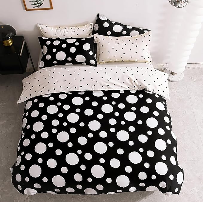 Queen Bedding Set, 3Pcs Comforter Set with Polka Dots Print, Reversible Gingham, Black White Dots, Soft for Hot Sleeper, Machine Washable, Ideal for All Ages & Genders