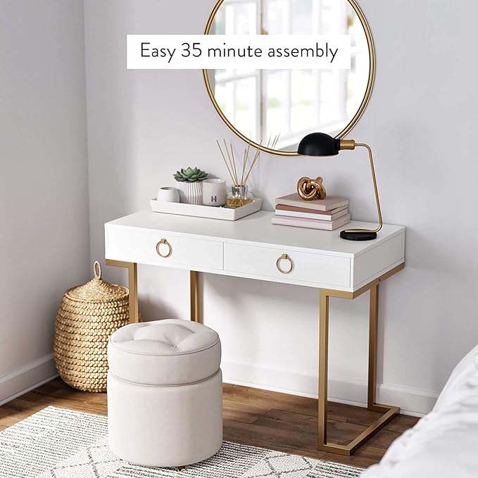 Nathan James Leighton Two-Drawer Writing Glam Accents Brass, Home Office Computer Desk or Vanity Table, 2, White/Gold, Small