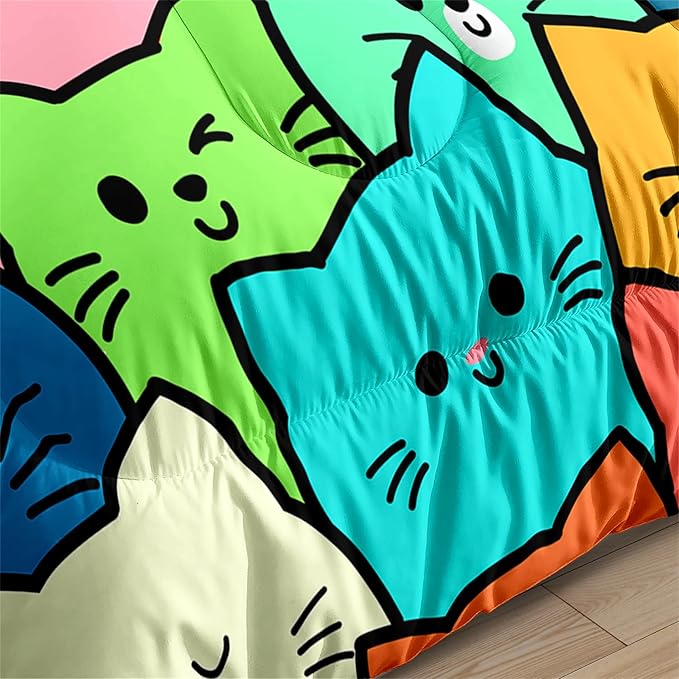 Cat Twin Comforter Set for Bedroom - 2Pcs Lovely Kitten Print Twin Bedding Set Cute Cat Patterns for Girls Boys Kids Warm Soft Breathable Cat Comforter with 1 Pillowcase for All Season, Twin Size