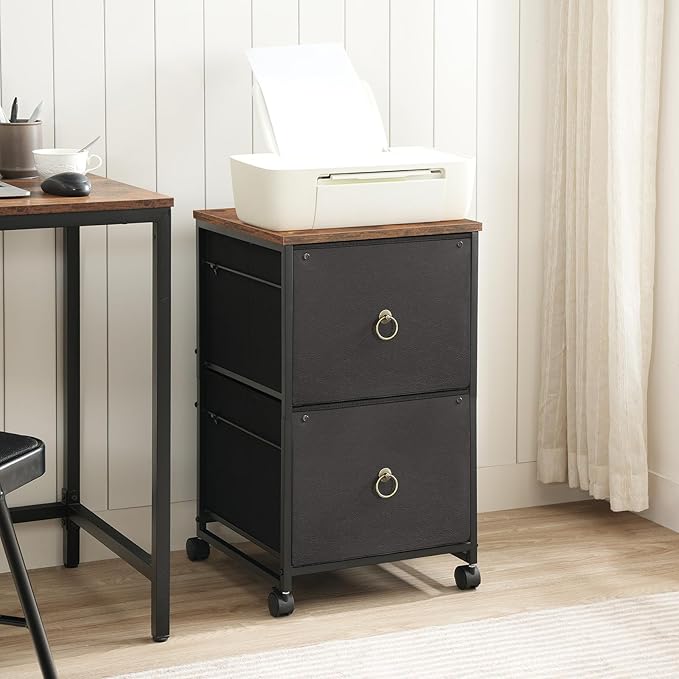 HOOBRO 2 Drawer Mobile File Cabinet, Rolling Printer Stand, Vertical Filing Cabinet, Office Cabinet, Filing Cabinet for Home Office, A4/Letter Size, Nonwovens Drawer, Black and Rustic Brown BFK20WJ01