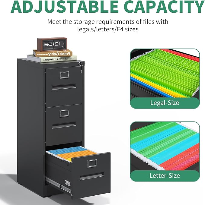 3 Drawer File Cabinet,Metal Filing Cabinets with Lock,Black Vertical File Cabinet for Home Office,Heavy Duty Metal Storage Cabinet for A4/Letter/Legal Size File,Assembly Required