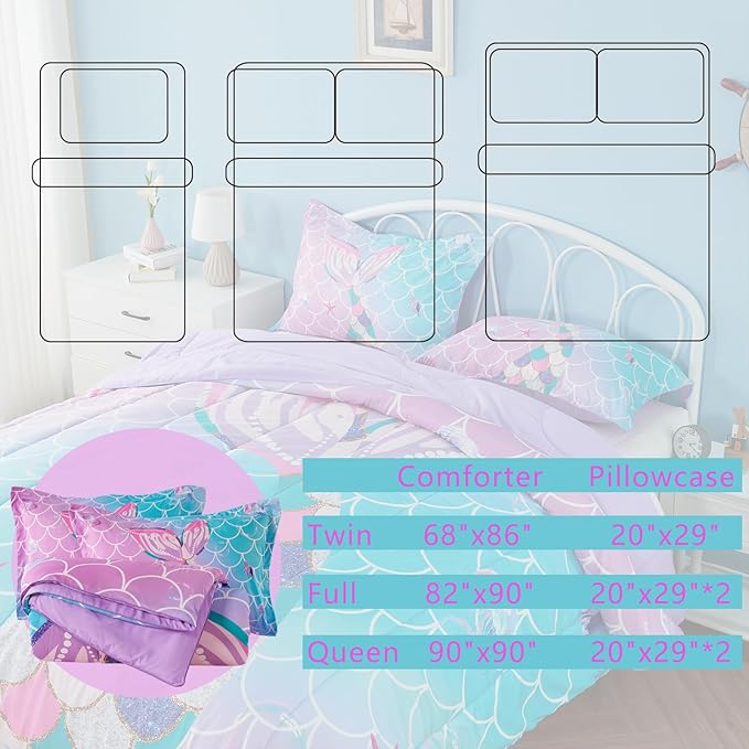 Full Size Comforter Sets for Girls Mermaid Tail Rainbow Scales Bedding Set 3 Pieces Full Comforter with 2 Pillowcases for Kids, Teenagers