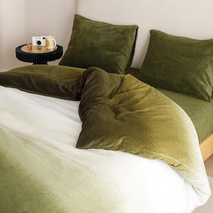 Wellboo Army Green Gradient Comforter Sets Twin Green White Fluffy Bedding Comforters Modern Gradient Dark Green Flannel Quilts Farmhouse Abstract Art Watercolor Comforters Sherpa Fuzzy Plush Bedding