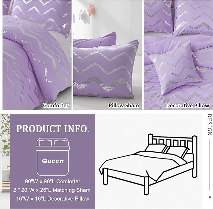 Purple/Silver Comforter Set Queen, Lavender Metallic Print Glitter Bedding Set Cute Shinny Lilac Bed Sets for Teen Girls Kids Women, 4 Piece (2 Pillowcases, 1 Decorative Pillow Sham)