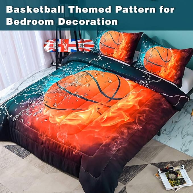 Andency Basketball Comforter Full (79x90 Inch), 3 Pieces(1 Basketball Comforter, 2 Pillowcases) Sport Microfiber Basketball Comforter Set Bedding Set for Kids Boys Girls Teens
