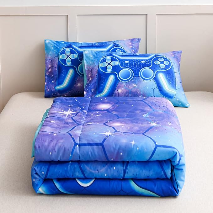 NTBED Game Console Comforter Set for Boys Girls Kids 3D Gaming Geometric Lightweight Microfiber Bedding Sets (Blue Purple, Queen)