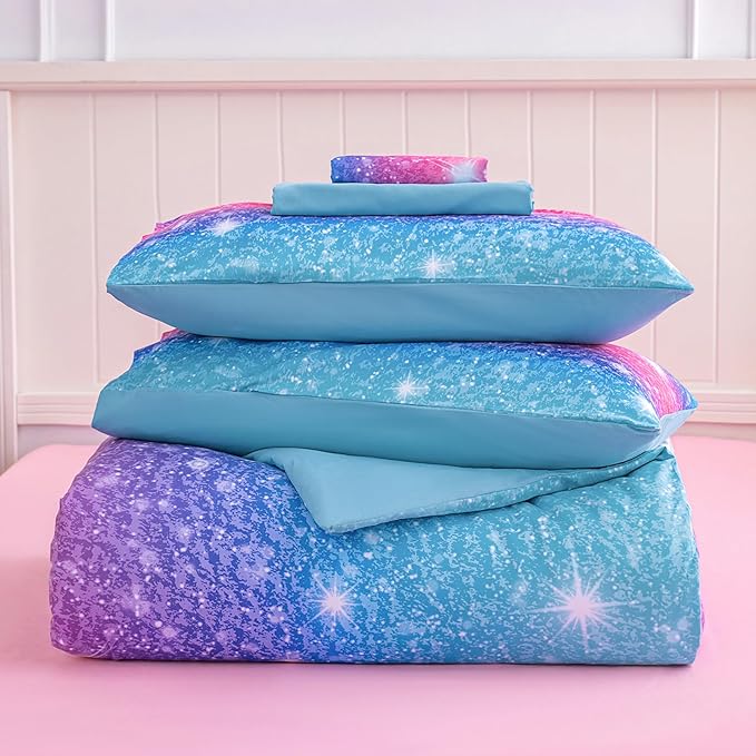 Twin Comforter Set for Girls Galaxy Bedding 7pieces, Ombre Bedding Comforter Sets Rainbow Comforter, Glitter Bedding Twin Teen Comforter Sets for Girls (Blue)