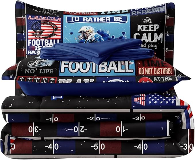 American Football Bedding Twin for Teen Boys, Kids Sports Comforter Set Bed in A Bag, Blue Children Bed Set with Sheets Twin Size